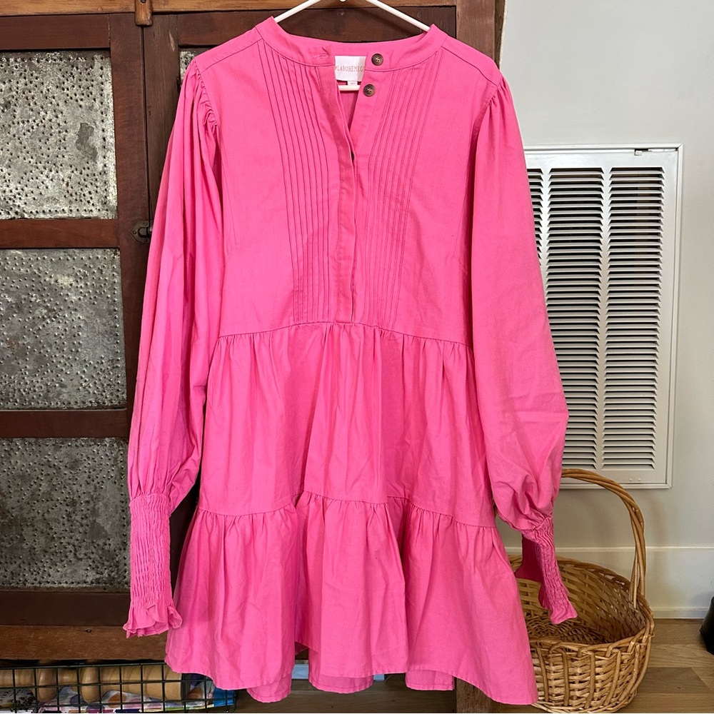 La Boheme Pink Long Sleeve Dress Smock Cuffs Hidden Buttons Tiered Pleats M/L